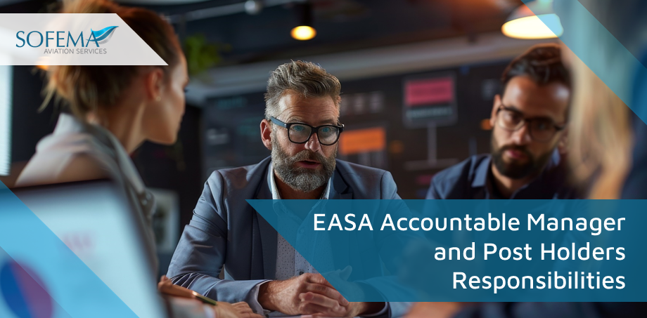 A group of professionals is engaged in a discussion. The image represents the responsibilities of the EASA Accountable Manager and Post Holders in an aviation context, focusing on compliance and operational management.