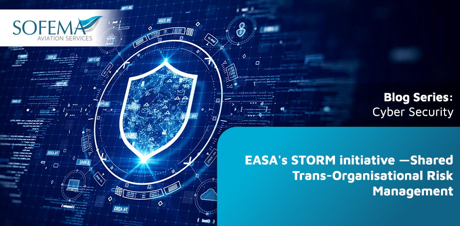 Digital shield symbolizing cyber security, surrounded by data elements and network icons, representing EASA’s STORM initiative for shared trans-organizational risk management in aviation.