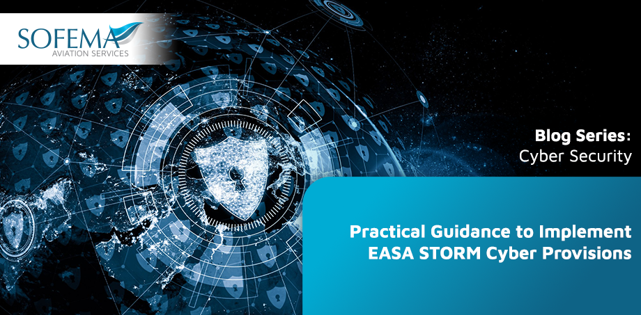 Digital shield and network graphic illustrating practical guidance for implementing EASA STORM cyber security provisions in aviation