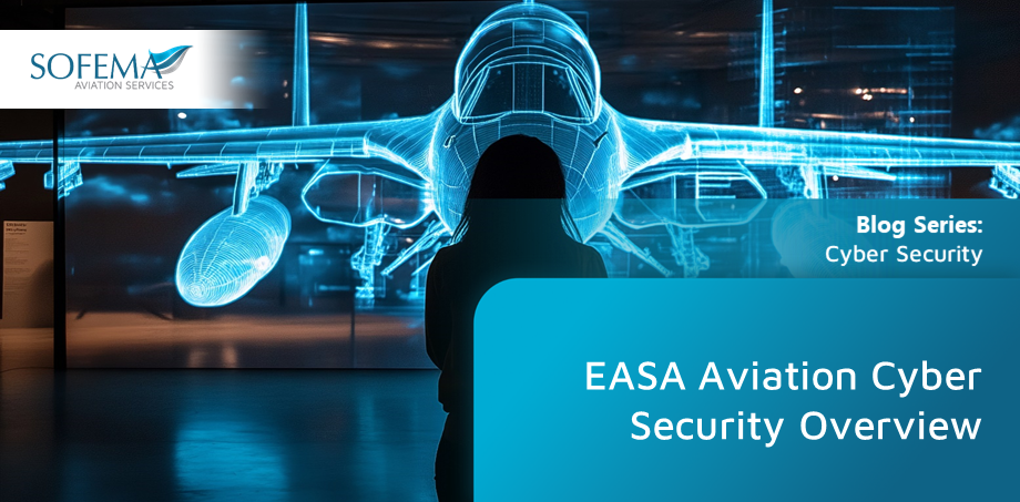 Silhouette of a person observing a futuristic digital blueprint of an aircraft, symbolizing advancements in EASA Aviation Cyber Security