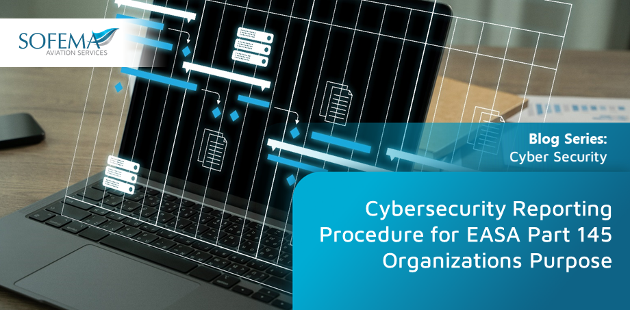 A laptop displaying a digital cybersecurity framework, symbolizing the structured approach to cybersecurity reporting within EASA Part 145 organizations.