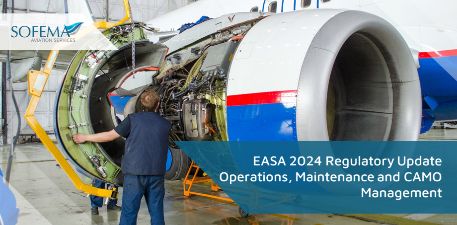 Aircraft maintenance professionals inspecting and working on an open engine, representing updates in EASA 2024 regulations for operations, maintenance, and CAMO management.