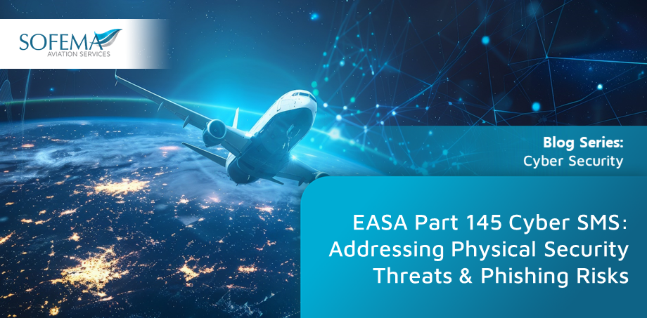 Aircraft flying over a digitally connected world, representing EASA Part 145 Cyber SMS considerations on physical security threats and phishing risks