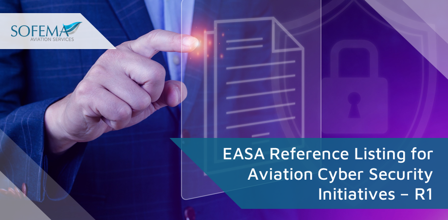 A professional pointing at a digital interface displaying documents and a security lock icon, representing the EASA Reference Listing for Aviation Cyber Security Initiatives – R1.