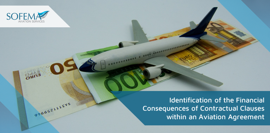 A model airplane placed on top of euro banknotes, symbolizing the financial aspects of aviation agreements. The Sofema Aviation Services logo is in the top-left corner, with a text overlay discussing the financial consequences of contractual clauses in aviation agreements.