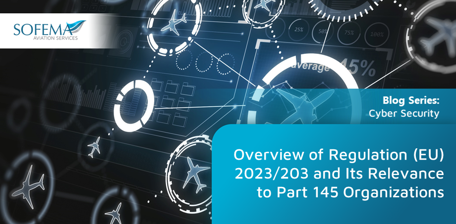 A digital interface displaying cybersecurity-related graphics, including aircraft symbols and data analytics, with a Sofema Aviation Services logo in the top-left corner. The text overlay highlights a blog series on cybersecurity, focusing on Regulation (EU) 2023/203 and its impact on Part 145 organizations.