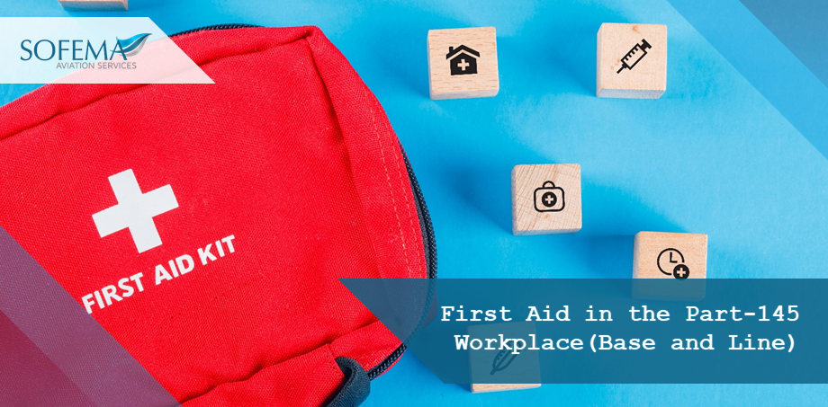 Red first aid kit with medical icons on wooden blocks, representing workplace safety and emergency preparedness in aviation Part-145 environments.
