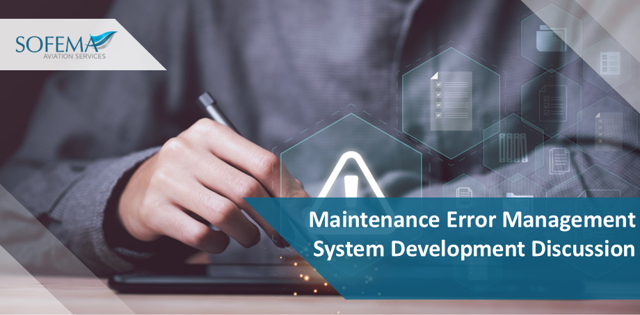 A person's hand with a pen pointing towards a glowing white warning triangle icon with an exclamation mark, overlaid on a background of abstract hexagonal data visualizations. The text "Maintenance Error Management System Development Discussion" is prominently displayed in a blue banner, and a "SOFEMA AVIATION SERVICES" logo is in the top left.