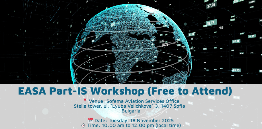 A digital globe graphic on a dark background with data points and lines, overlaid with text for an "EASA ISMS Workshop in Sofia (Free to Attend)" including venue, date, and time.