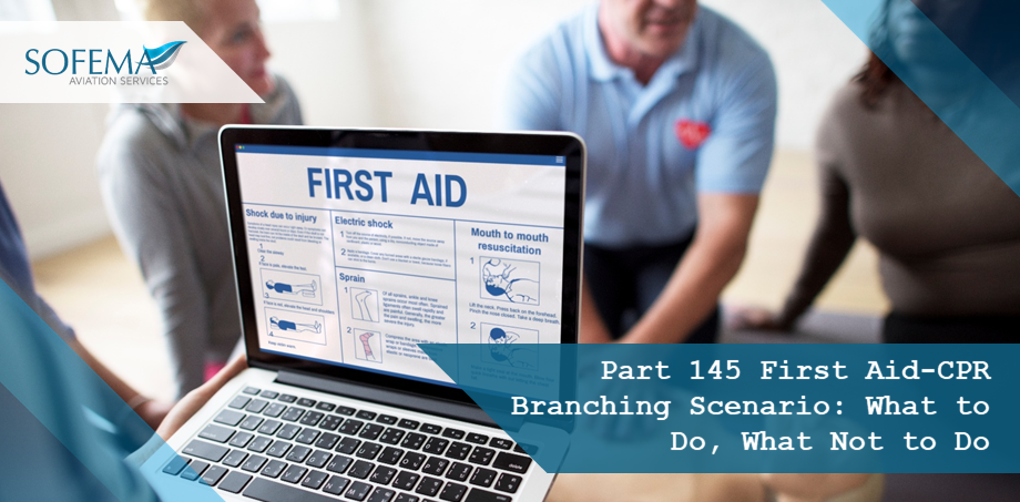 A group of people participating in a first aid training session. A laptop screen in the foreground displays “FIRST AID” instructions with CPR and emergency response steps.