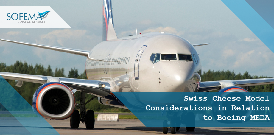 Boeing aircraft on runway representing Swiss Cheese Model considerations in aviation safety and Boeing MEDA analysis.