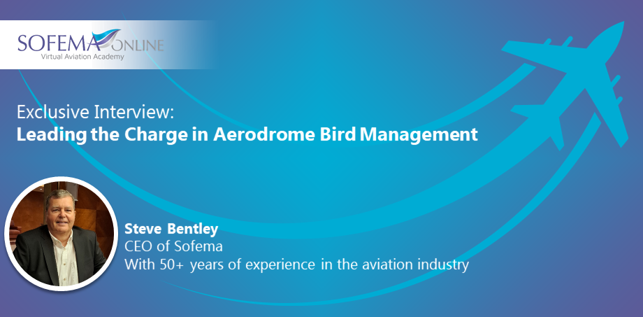 Promotional graphic for an aviation interview featuring a professional male executive, with an aircraft graphic and the title “Leading the Charge in Aerodrome Bird Management.