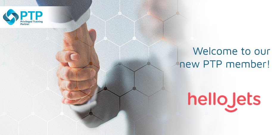 A close-up of a handshake representing partnership, with the logos of PTP Privileged Training Partner and HelloJets, welcoming HelloJets as a new PTP member.