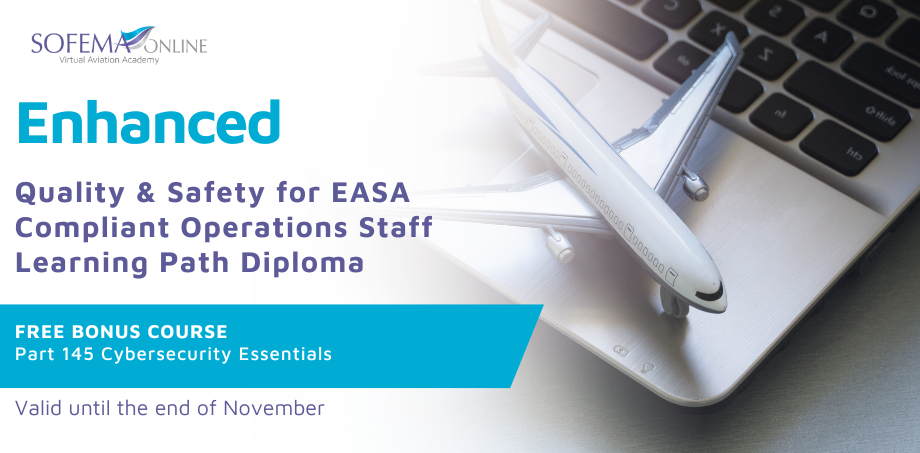 Promotional banner for Sofema Online’s “Quality & Safety for EASA Compliant Operations Staff Learning Path Diploma,” featuring a model airplane on a laptop keyboard Image