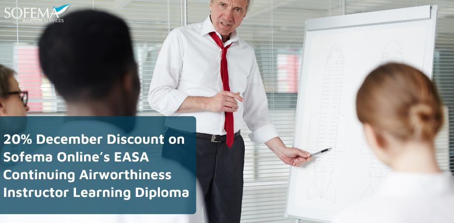 An aviation instructor standing by a whiteboard pointing at an aircraft diagram while teaching a class, with a text overlay announcing a "20% Discount on Sofema Online's EASA Continuing Airworthiness Instructor Learning Diploma.