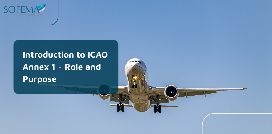 A large commercial airplane against a blue sky, illustrating the Sofema Aviation Services' training introduction to ICAO Annex 1 - Role and Purpose.