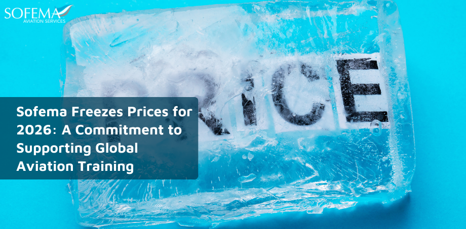 Block of ice with the word Price frozen inside illustrating the Sofema 2026 Global Aviation Training price freeze announcement.