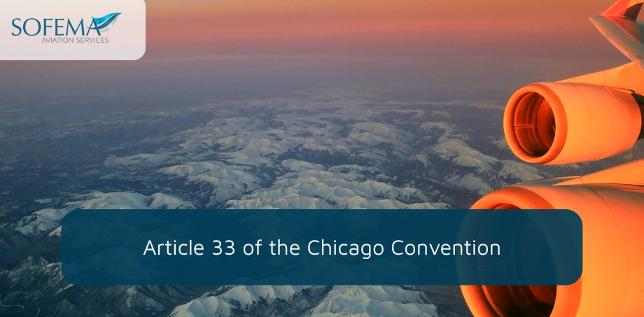 An aerial view of snow-covered mountain ranges at sunset, viewed from an aircraft window with two jet engines visible in the foreground. A dark blue overlay contains the white text "Article 33 of the Chicago Convention," and the Sofema Aviation Services logo is in the top left corner.