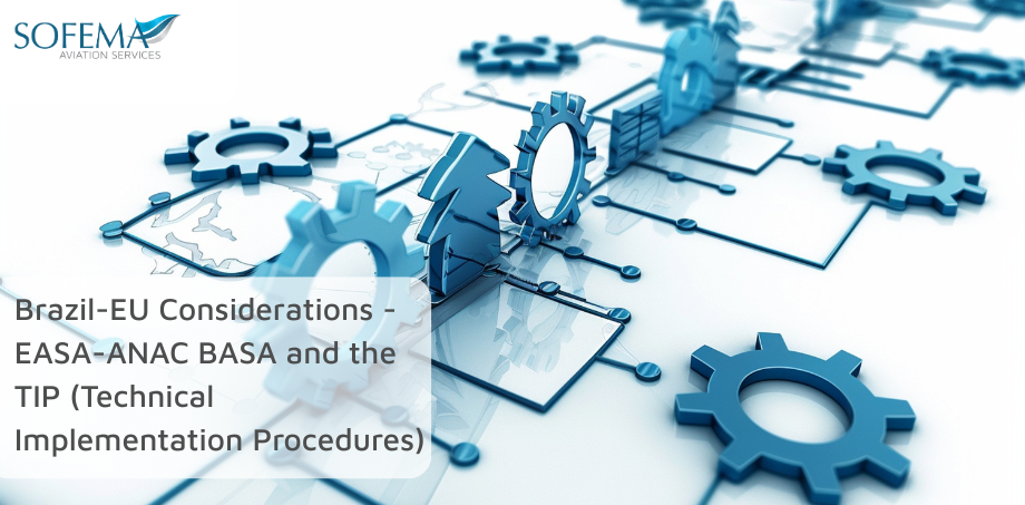 Abstract aviation compliance concept showing interconnected blue gears and digital network elements, representing Brazil–EU regulatory cooperation under the EASA–ANAC BASA and TIP.