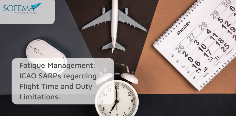 A top-down flat-lay image featuring a computer mouse, a model airplane, a calendar, and an alarm clock on a multi-colored background. A semi-transparent overlay in the lower-left corner displays the text "Fatigue Management: ICAO SARPs regarding Flight Time and Duty Limitations."