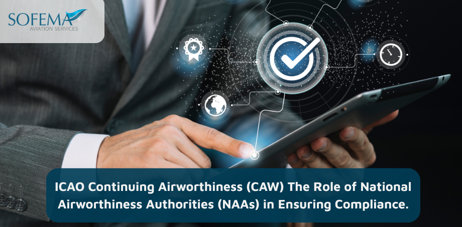 A person in a business suit using a digital tablet with overlay icons representing global compliance and quality control, illustrating the role of National Airworthiness Authorities in Continuing Airworthiness (CAW)