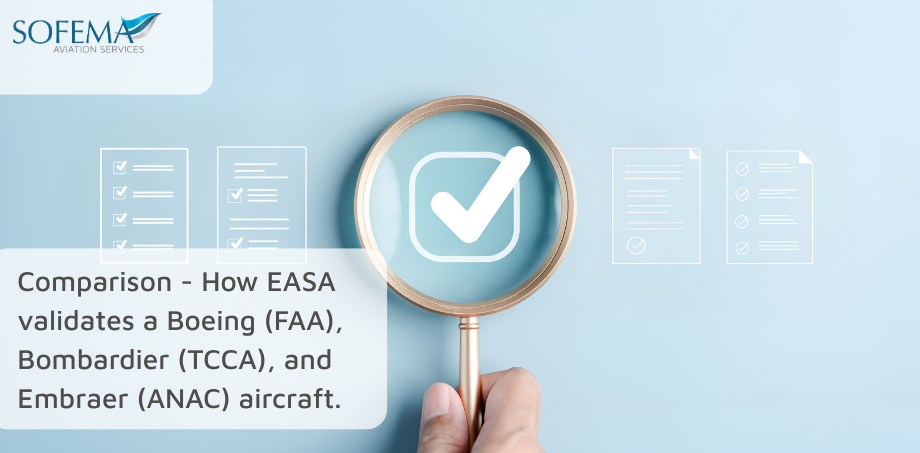 Comparison graphic showing how the European Aviation Savety Authority validates Boeing (FAA), Bombardier (TCCA), and Embraer (ANAC) aircraft under international certification agreements.