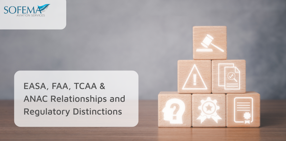 Banner featuring the Sofema Aviation Services logo and the title “EASA, FAA, TCAA & ANAC Relationships and Regulatory Distinctions,” alongside wooden blocks displaying compliance and certification icons.
